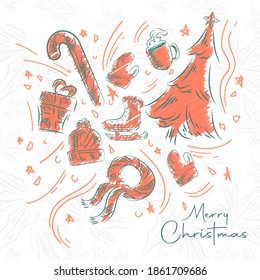 Big set of Christmas design doodle elements with Merry Christmas and New Year Lettering