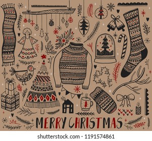 Big set of Christmas design element in doodle style. Hand draw collection New Year. Decorative drawing. Vector illustration.