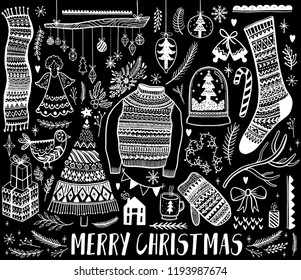 Big set of Christmas design element in doodle style. Hand draw collection New Year. Decorative drawing. Vector illustration.