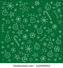 Big set of Christmas design element in doodle style on green background. Vector illustration.