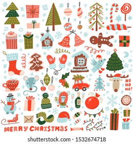 Big set of Christmas design element in doodle style. Collection of cute Christmas Characters and symbols. Mouse, Snowman, Reindeer, toys and friends. Vector illustration.