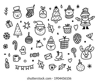 Gran conjunto de elementos de diseño navideño en estilo doodle sobre fondo blanco