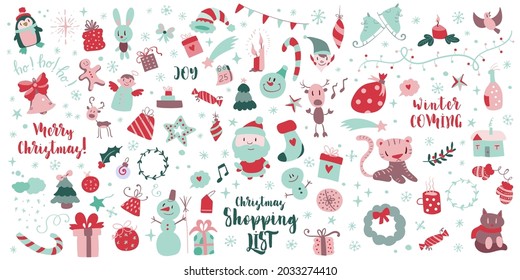 Big set of Christmas design element in doodle style. Mega set of sketches. Vector