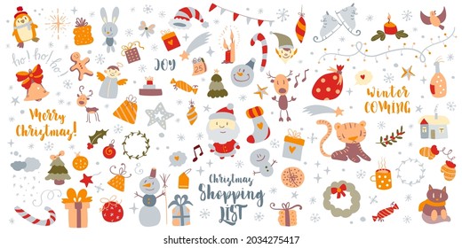 Big set of Christmas design element in doodle style. Mega set of sketches. Vector