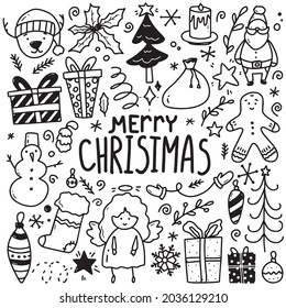 Big set of Christmas design element in doodle style