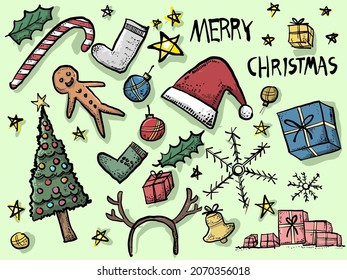Big set of Christmas design element in doodle style