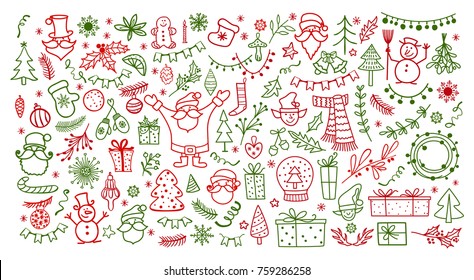 Big set of Christmas design element in doodle style. Traditional winter holiday hand drawn icons in red and green colors. Vector illustration
