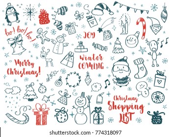 Big set of Christmas design element in doodle style