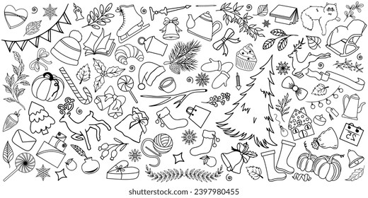 Big set of Christmas doodle design elements. Hand drawn vector. Isolated objects