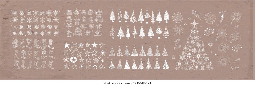 Gran conjunto de elementos de doodle de navidad. Estrellas, copos de nieve, árboles de navidad, fuegos artificiales sobre fondo de papel pardo marrón. Ilustración de Doodle christmas