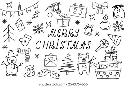 Big set of Christmas doodle elements and handwritten short phrases Merry Christmas. Christmas trees, skates, Christmas boot, sweets, gift boxes, snowflakes. Winter holidays attributes. Line art