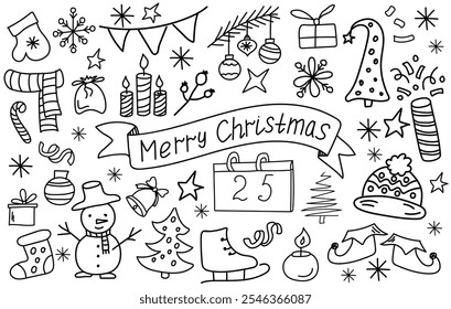 Big set of Christmas doodle elements. Hand written lettering Merry Christmas on the line art label. Christmas trees, skates, Christmas boot, sweets, gift boxes, snowflakes. Winter holidays attribute