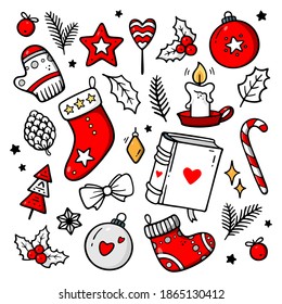 Big set of Christmas doodles elements.  Hand drawn vector illustration. Design for holidays prints, wishing cards, banners, invitations etc. New Year, winter theme poster. 