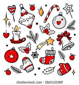 Big set of Christmas doodles elements.  Hand drawn vector illustration. Design for holidays prints, wishing cards, banners, invitations etc. New Year, winter theme poster. 