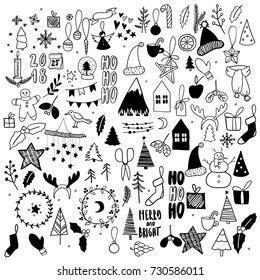 Big set of Christmas doodles. Hand drawn vector icons. Xmas and New Year scrapbook stickers. Candle, garland, cookies, house, tree, socks, mitens, candy, present Simple scandinavian hygge style