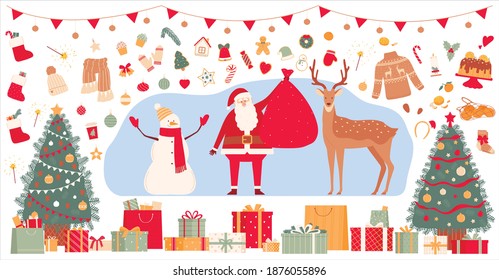 Big set of Christmas elements and characters isolated on white background. Christmas and new year symbols. Vector illustration in cartoon style