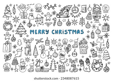 Big set of Christmas elements with lettering. Great for design, greeting card, decoration, textile. Hand drawn. Vector illustration EPS10 in doodle style. 