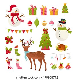 Big set of Christmas elements. New Year illustration. Deer, snowman, Xmas tree, holiday gifts and other attributes. Flat and cute style.