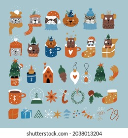 Big set of Christmas elements. Christmas objects isolated on white background. Хmas decorations and elements. Vector hand drawn illustration. 