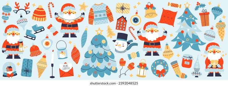 Big set of christmas elements. Christmas tree and wreath, santa claus, snowman, candys, warm clothes and other. Cute winter collection.