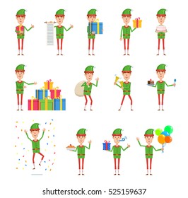Big set of Christmas elf characters showing different actions. Cheerful elf holding gift, scroll, cake, balloons, jingle bells, celebrating Christmas and doing other actions. Flat vector illustration