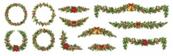 Großes Set Von Weihnachtsfritzen Mit Poinsettia, Roten Beeren, Konen Und Steinglocken.  Vektorgrafik.