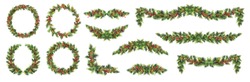 Big Set Of Christmas Fir Garlands With Red Berries And Cones.  Vector Illustration.