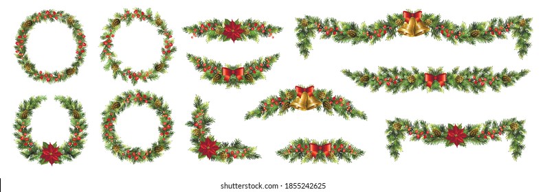 Gran conjunto de guirnaldas de abetos de Navidad con poinsettia, bayas rojas, conos y campanas de jingle.  Ilustración vectorial.
