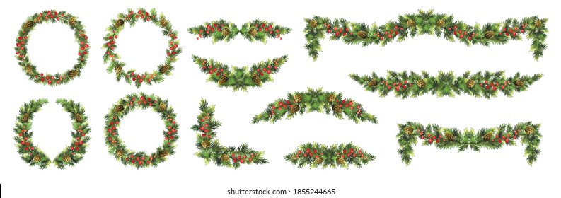 Big set of Christmas fir garlands with red berries and cones.  Vector illustration.