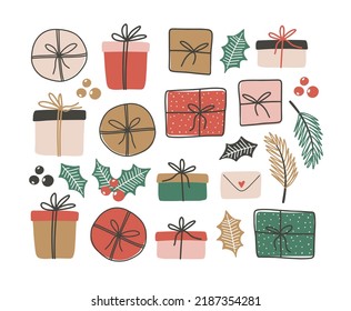 Gran conjunto de cajas de regalos de navidad con elementos decorativos en estilo doodle. Cuta colección de ilustraciones vectoriales. regalos de vacaciones para tu diseño - afiche, bolso, camiseta, tarjeta de saludo, invitación
