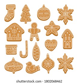 Big set of Christmas gingerbread cookies, house, tree, heart, socks, man and ball with glaze for decoration. Homemade biscuit for happy Xmas. Vector illustration, isolated on white background. 