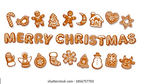 Big set of Christmas gingerbread cookies. Merry Christmas text composed of cookies. Cartoon hand drawn vector illustration isolated on white background. Christmas greeting card, banner design element.