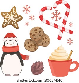Big set of Christmas gingerbread cookies with icing, snowflakes, sweets, Christmas tree decoration elements and other sweets Vector illustration.