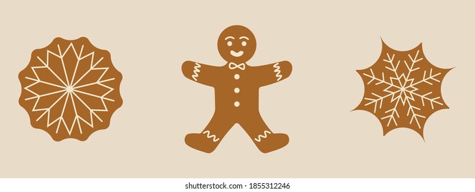 Big set Christmas gingerbread in flat style. Festive baking for winter holidays. Gingerbread men and Christmas tree, star, heart, bell and other holiday symbols baked by hand. Vector illustration.