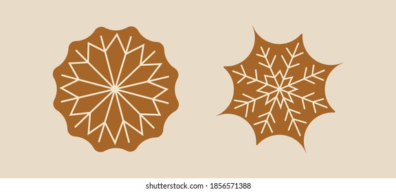 Big set Christmas gingerbread in flat style. Festive baking for winter holidays. Gingerbread men and Christmas tree, star, heart, bell and other holiday symbols baked by hand. Vector illustration.