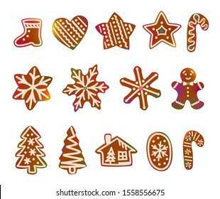 Big set Christmas gingerbread house, snowflake, sock, Christmas tree, bell, star, new year ball, cane, heart, gingerbread man. Vector illustration. Set cute cookies for New Year, winter holiday food