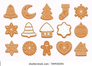 Big set Christmas gingerbread: gingerbread houses, crescent, gingerbread man, snowflakes, sock, Christmas tree, bell, star, new year's ball on light background. Vector illustration.