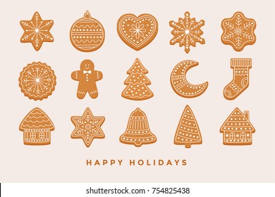 Big set Christmas gingerbread: gingerbread houses, crescent, gingerbread man, snowflakes, sock, Christmas tree, bell, star, new year's ball on light background. Vector illustration.