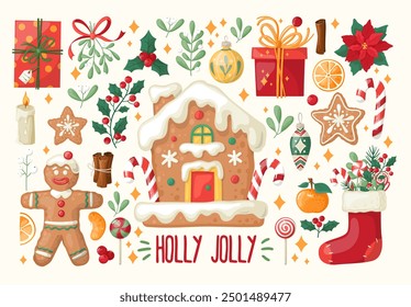 Big set of Christmas gingerbread, sweets, festive symbols and design elements. Hand-drawn cartoon style. Vector elements for sticker pack, banner, card, postcard, cover.