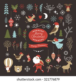 Big Set of Christmas graphic elements on a black background, collection design elements, vector images