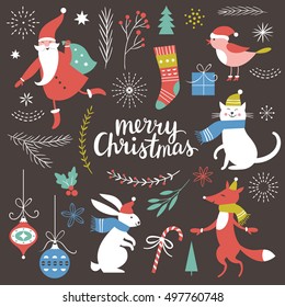 Big Set of Christmas graphic elements on a black background, collection design elements, vector images