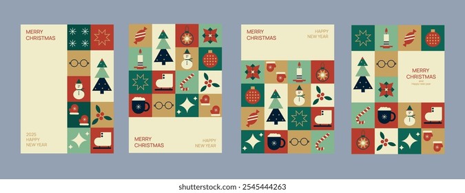 Big set of Christmas greeting card with mosaic geometric ornament. Marry Christmas and happy new year. Trendy design for holiday invitation, poster, cover, template.