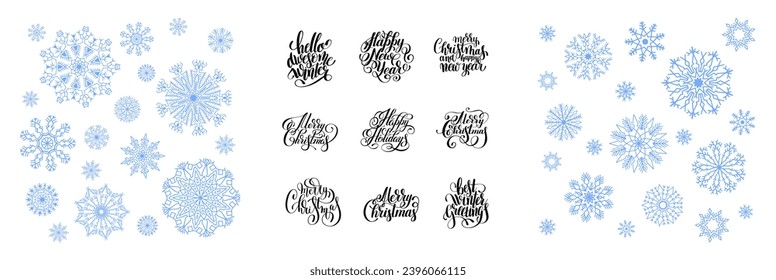 big set of christmas hand draw sketch elements - snowflakes, hand lettering inscription and cozy winter symbols