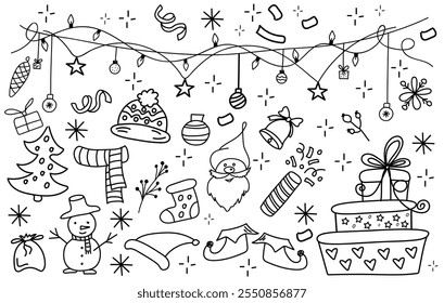 Big set of Christmas hand drawn doodle elements. Christmas garland with lights, stars and balls. Christmas trees, skates, Christmas boot, sweets, gift boxes, snowflakes. Winter holidays attribute.