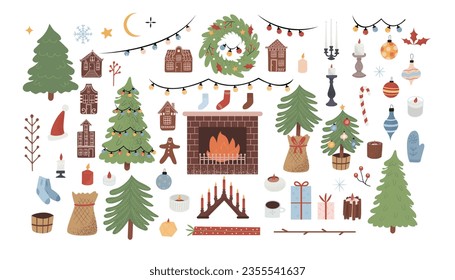 Gran escenario con elementos navideños. Ilustraciones de celebración de invierno, vector dibujado a mano aislado en estilo plano