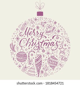 Big set of Christmas icons in the shape of a Christmas ball. Cute hand-drawn vector illustration. Holiday elements for greeting cards, posters, stickers and design. Isolated on a light background.