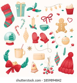 Big set of Christmas isolated icons on a white background. Winter holiday symbols. New year decoration