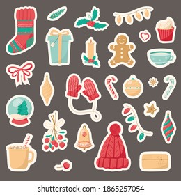 Big set of Christmas isolated icons on a dark background. Winter holiday symbols. New year decoration