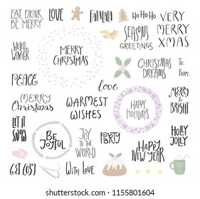 Big set of Christmas lettering quotes, with frames, elements. Isolated objects on white background. Hand drawn vector illustration. Flat style design. Concept for Christmas card, invite.