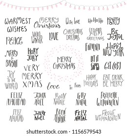 Big set of Christmas lettering quotes, with frame, lights. Isolated objects on white background. Hand drawn vector illustration. Flat style design. Concept for Christmas card, invite.